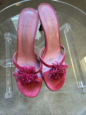 Saks Fifth Avenue Fuchsia Suede Pom-Pom Slide Heels